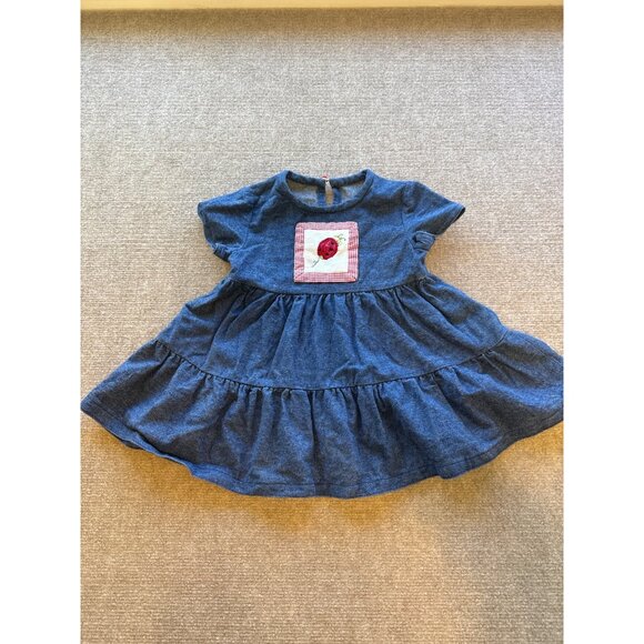 Blue Denim Baby Girl Dress Ladybug Patch & Gingham Detail Tiered Dress 12M - Picture 1 of 6